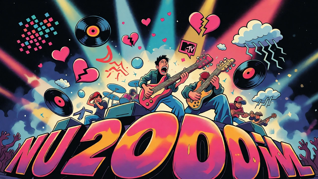 Vintage cartoon of a nu-metal band performing on a large stage in the year 2000.