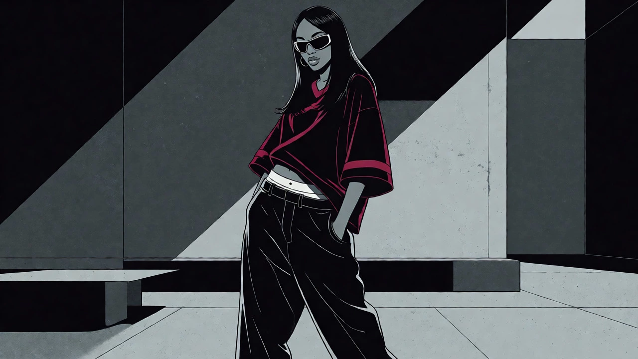 Vintage cartoon of a woman in minimal grey streetwear and sunglasses inspired by Aaliyah.