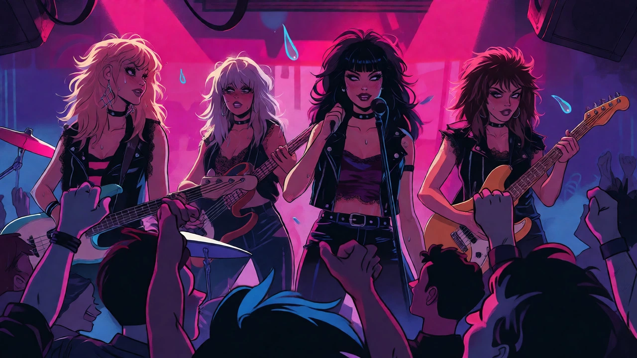 Vintage cartoon of an all-female rock band performing in a club.
