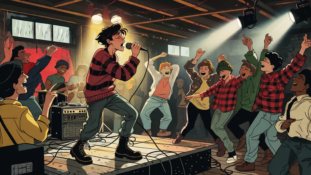 Vintage cartoon of band playing in crowded Seattle basement club with rain outside