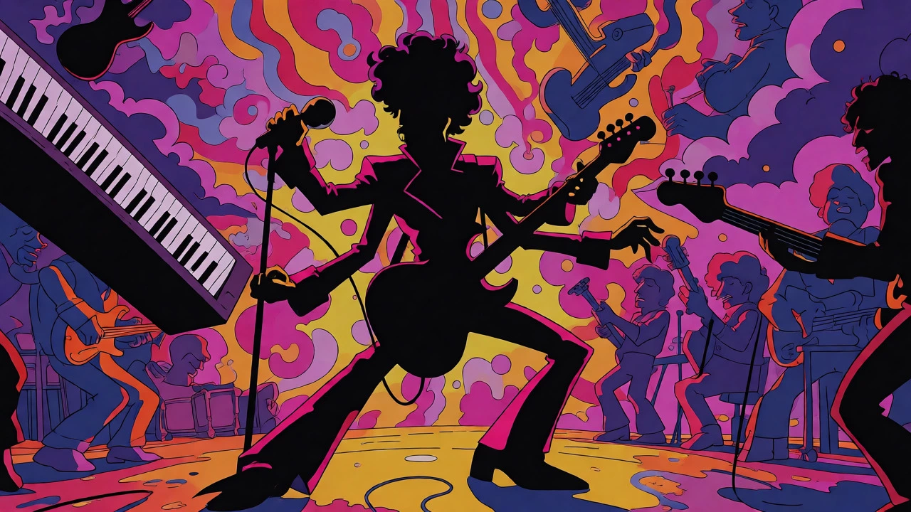 Vintage cartoon of Prince playing multiple instruments as a solo auteur