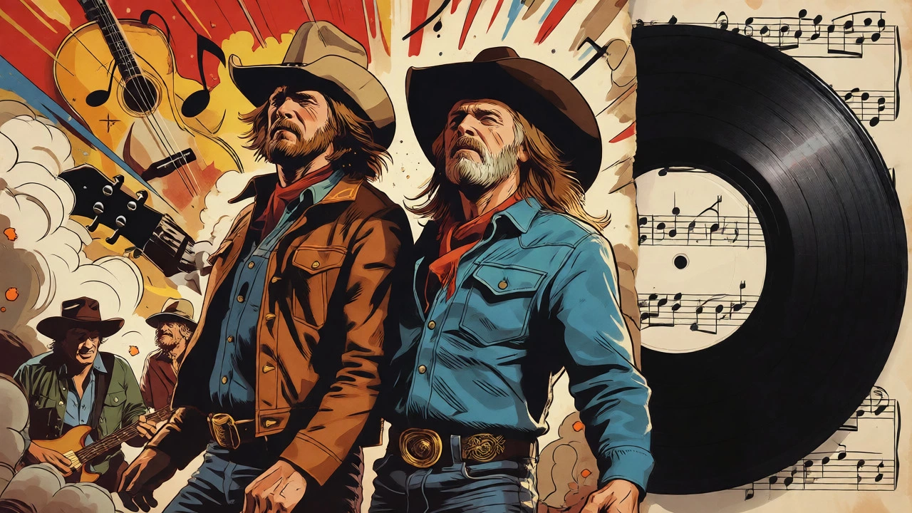 Vintage cartoon of Waylon and Willie Nelson bursting from a record sleeve