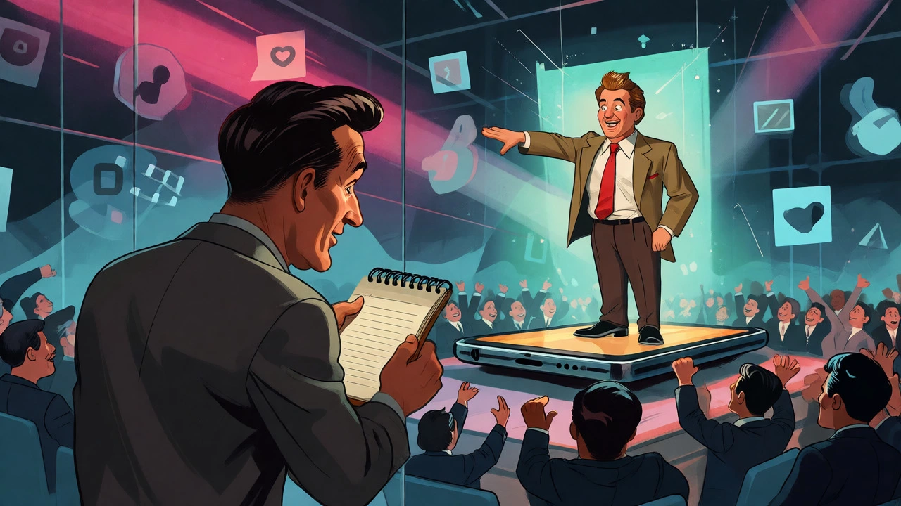 Vintage cartoon showing a celebrity bypassing a reporter via digital platforms.
