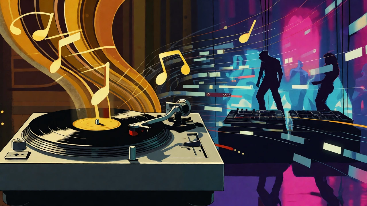 Vinyl record transforming into digital streams connecting 70s and modern music.