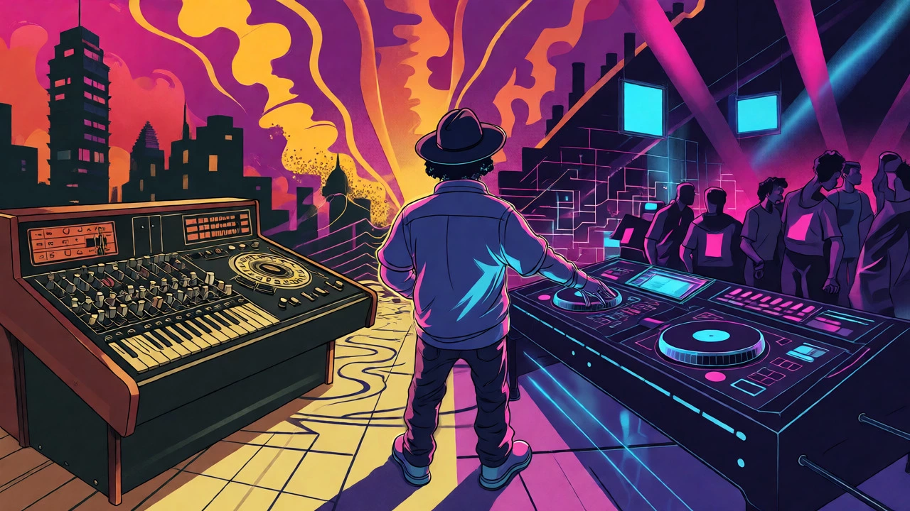 Visual bridge between vintage dub equipment and modern electronic music visuals.