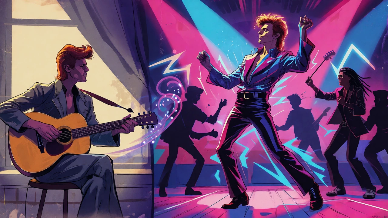 Visual metaphor of Bowie's song transforming from acoustic to dance-pop anthem.