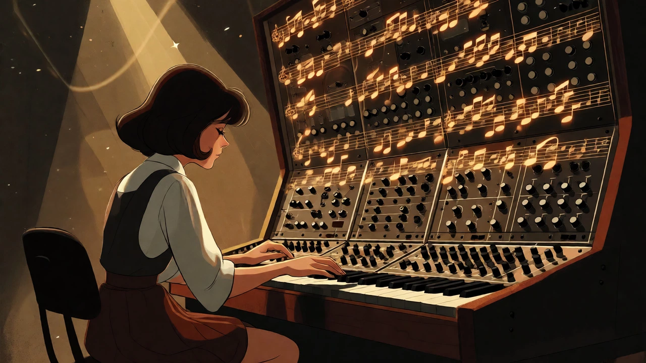 Wendy Carlos playing a large Moog modular synth with floating musical notes.