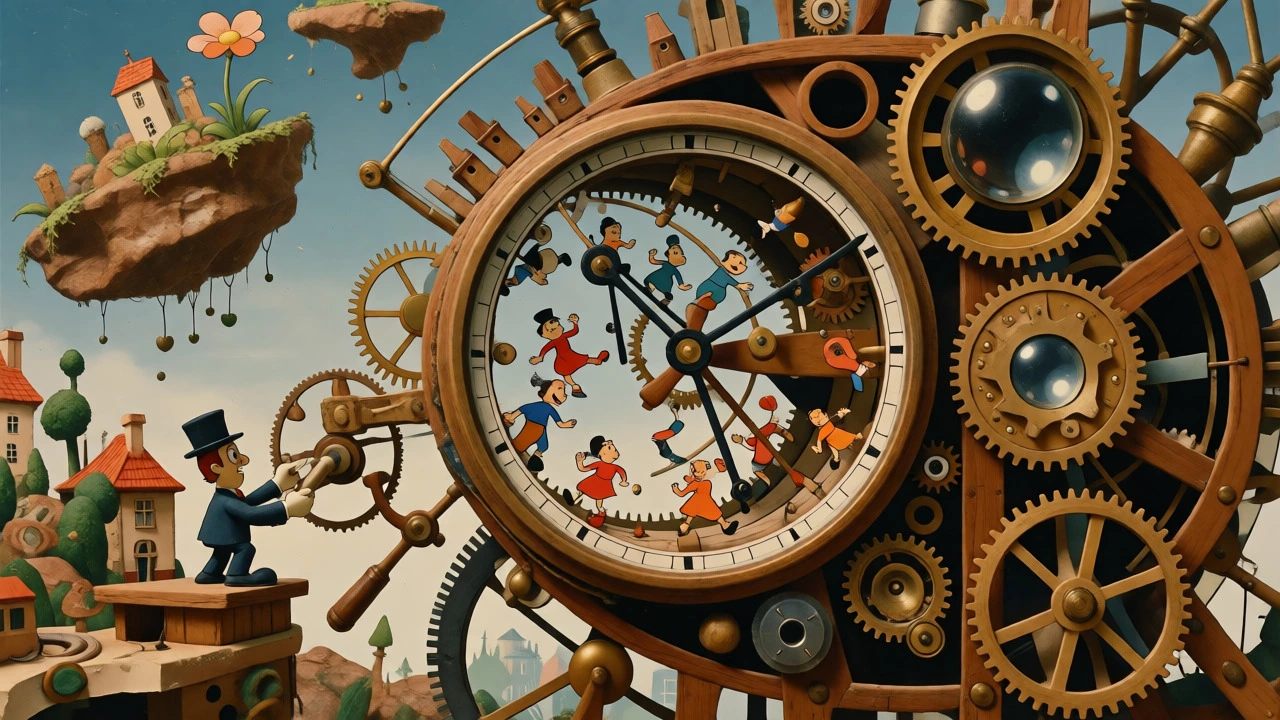 Whimsical cartoon illustration of Michel Gondry's mechanical, dream-like visual style.