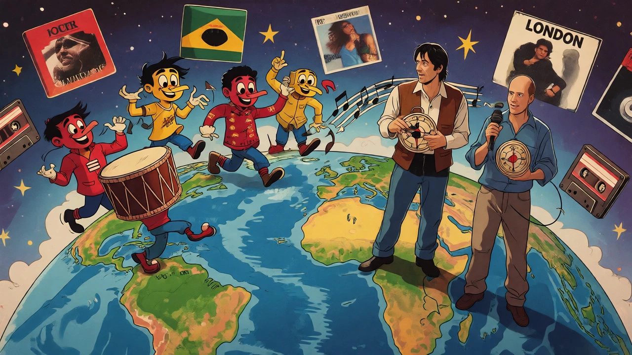 Whimsical cartoon map showing global Latin rhythms influencing Western pop stars.
