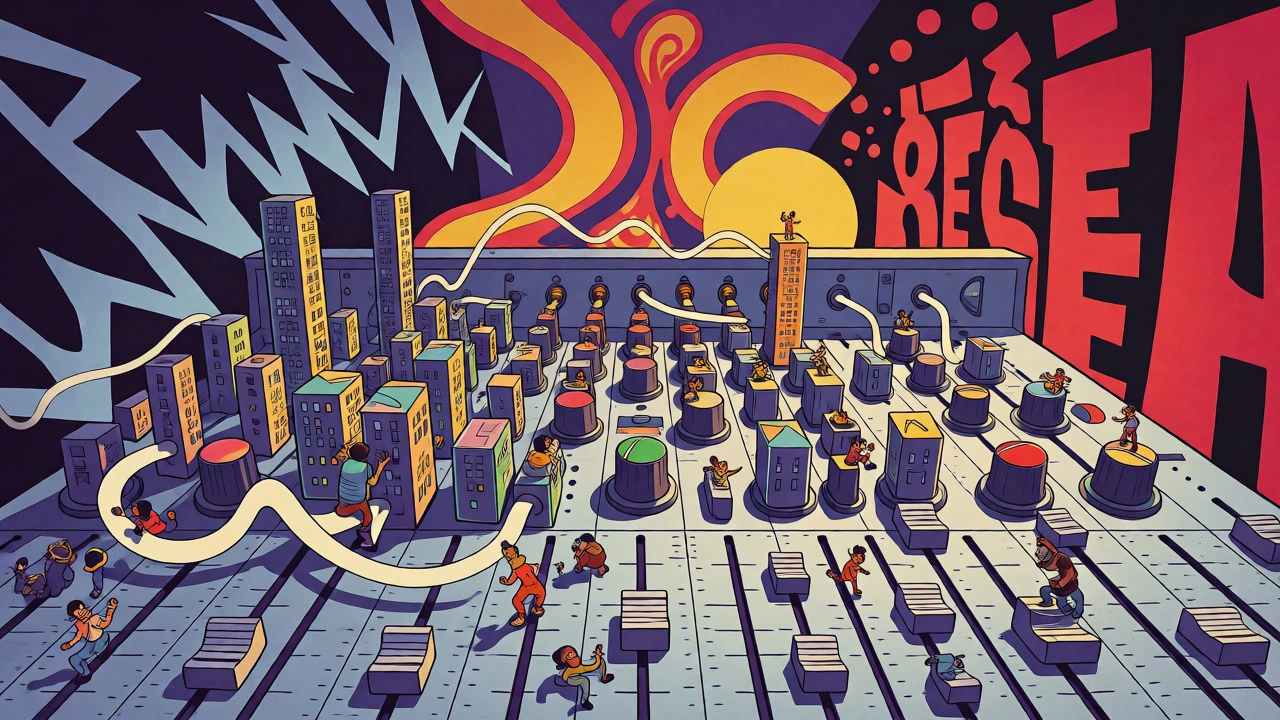 Whimsical cartoon visualization of a recording studio as a musical landscape