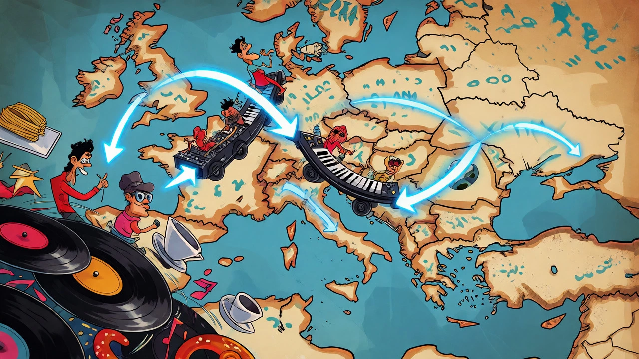 Whimsical map showing musical connections between Milan and Munich.
